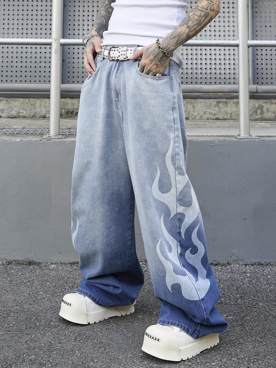 Men's Vintage Light Blue Distressed Denim Loose Wide Leg Pants