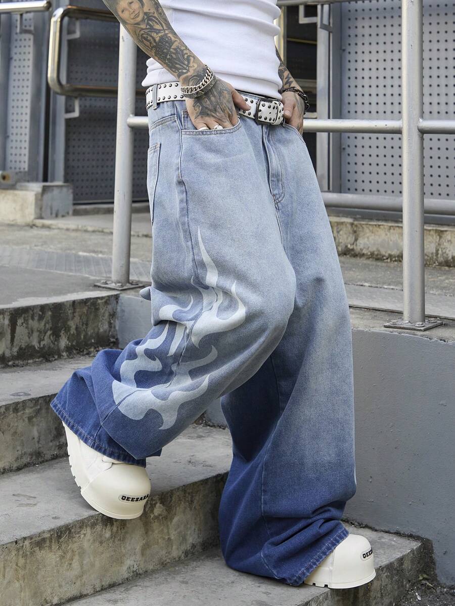 Men's Vintage Light Blue Distressed Denim Loose Wide Leg Pants