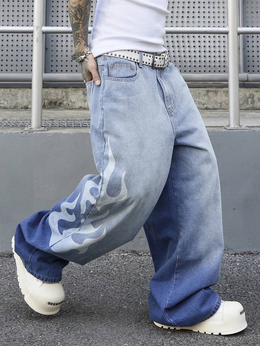 Men's Vintage Light Blue Distressed Denim Loose Wide Leg Pants