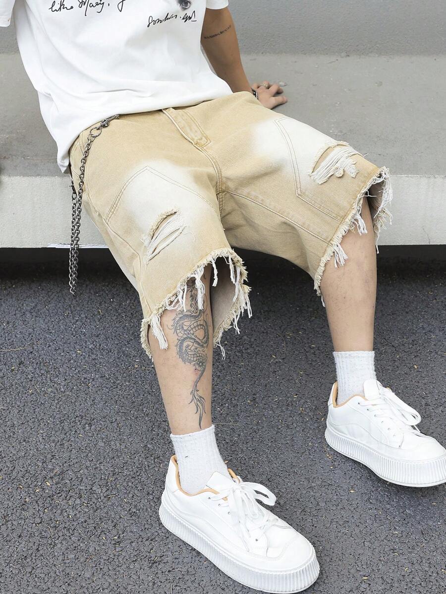 Men's Pocket Distressed Raw Hem Loose Fit Jorts