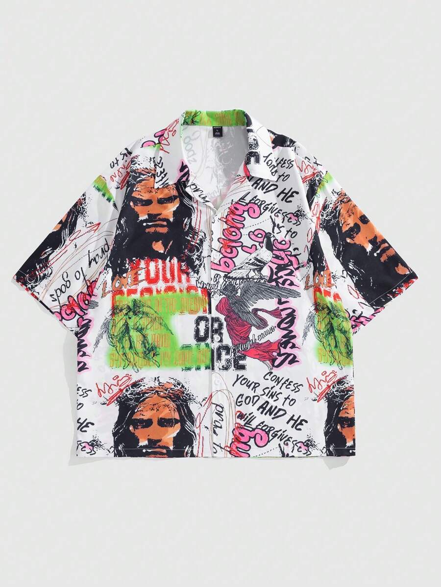 Men's Grunge Buttoned Short Sleeve Printed Casual Shirt