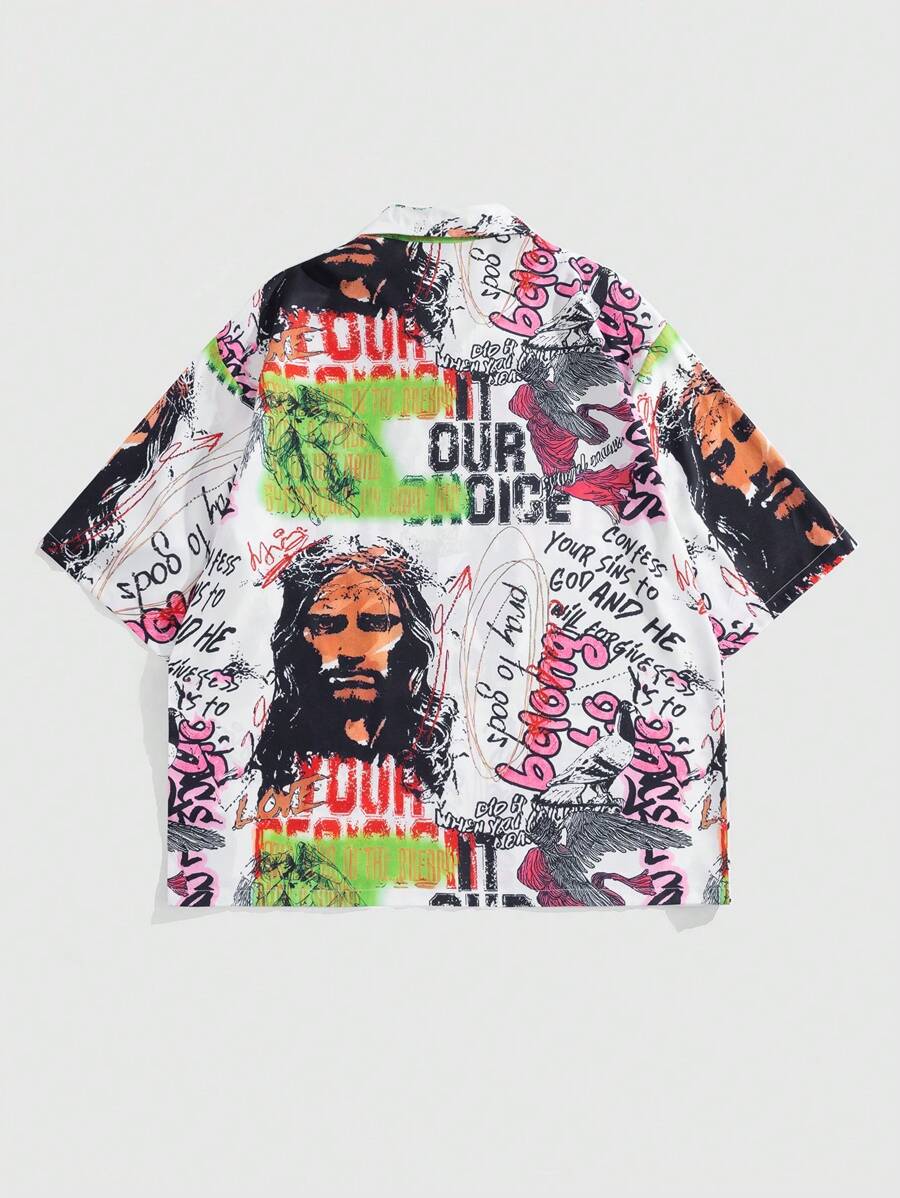 Men's Grunge Buttoned Short Sleeve Printed Casual Shirt