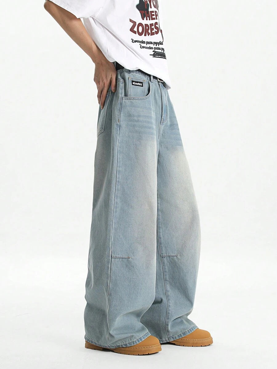 Men's Light Blue Vintage Washed Loose Straight Leg Jeans