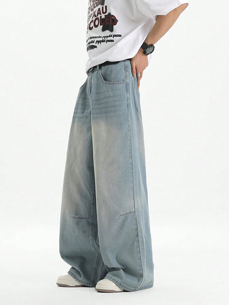 Men's Light Blue Vintage Washed Loose Straight Leg Jeans