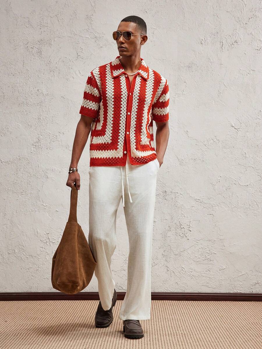 Men's Knitted Fitted Short Sleeve Casual Cardigan Fall Sweater