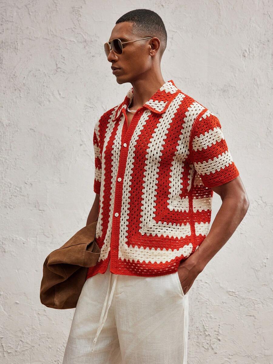 Men's Knitted Fitted Short Sleeve Casual Cardigan Fall Sweater