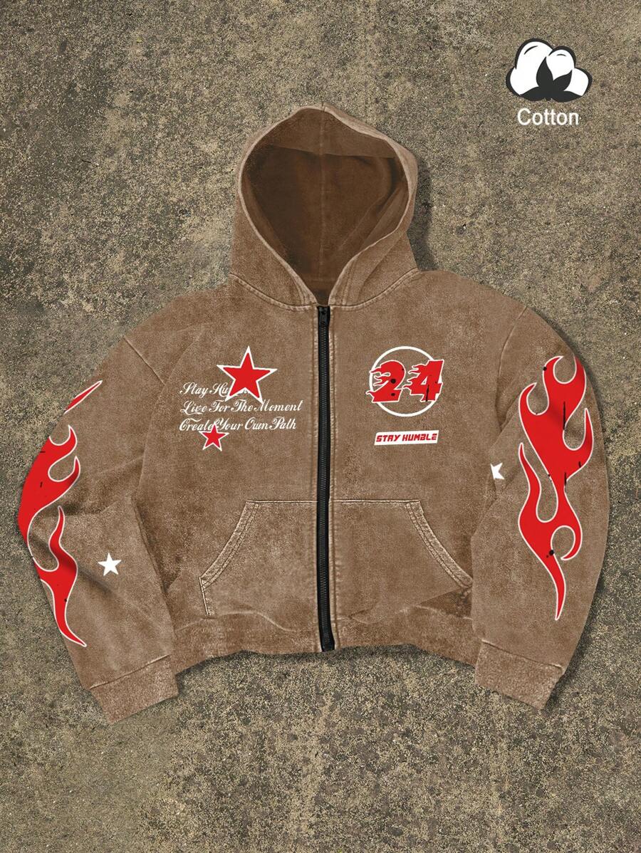 Washed Print Zip-Up Hoodie
