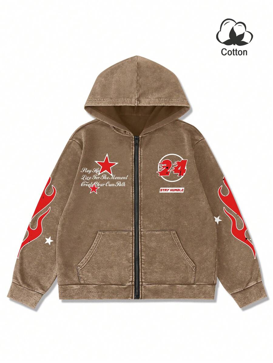 Washed Print Zip-Up Hoodie