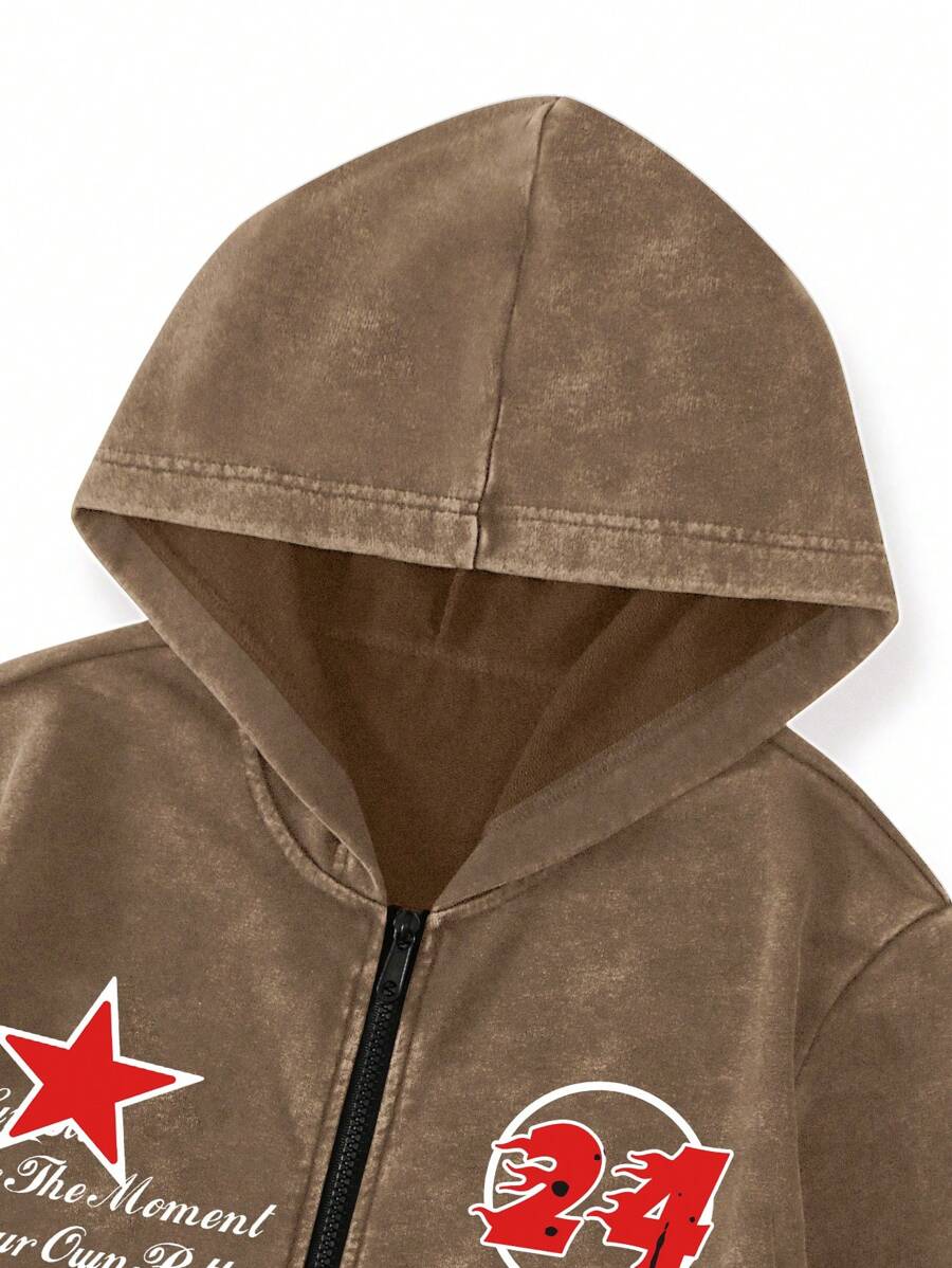 Washed Print Zip-Up Hoodie