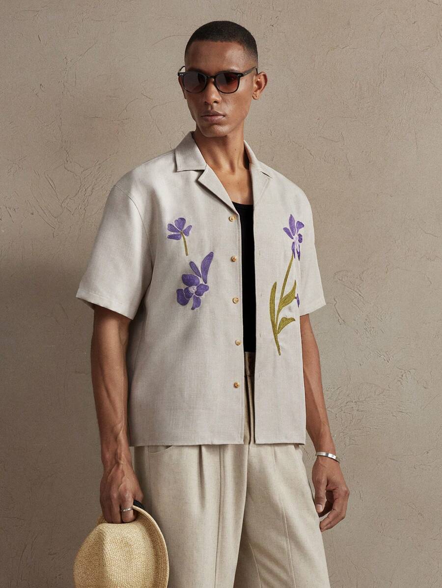 Business Casual Woven Floral Embroidered Drop Shoulder Shirt