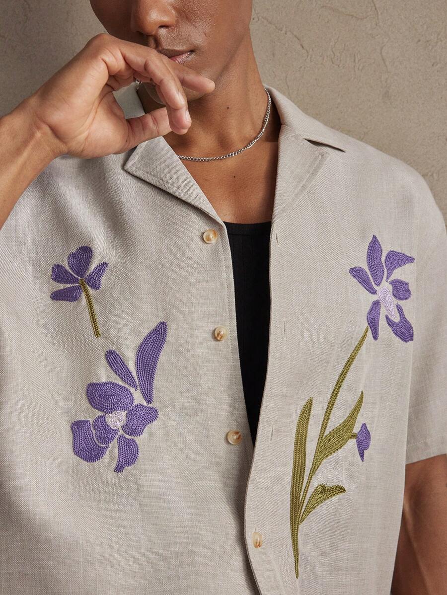 Business Casual Woven Floral Embroidered Drop Shoulder Shirt