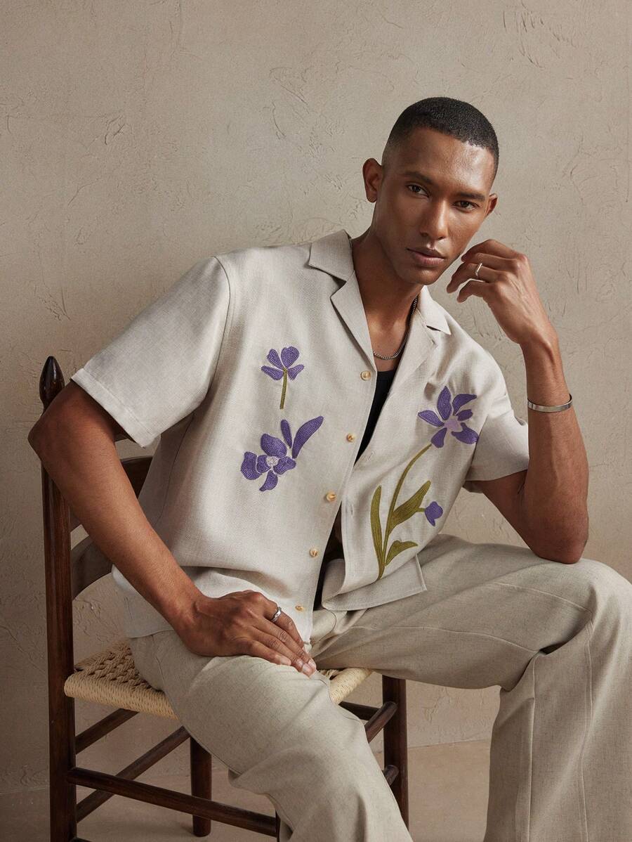 Business Casual Woven Floral Embroidered Drop Shoulder Shirt