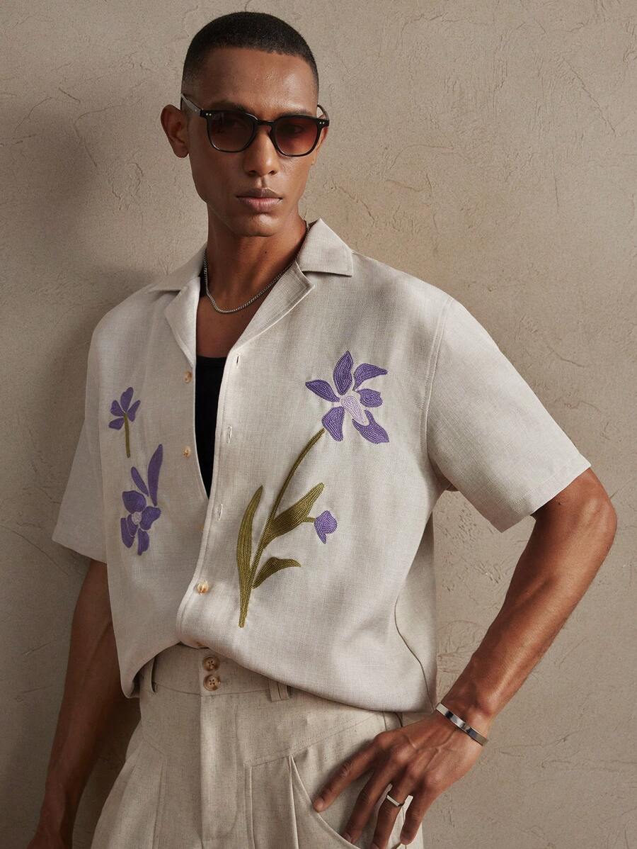 Business Casual Woven Floral Embroidered Drop Shoulder Shirt