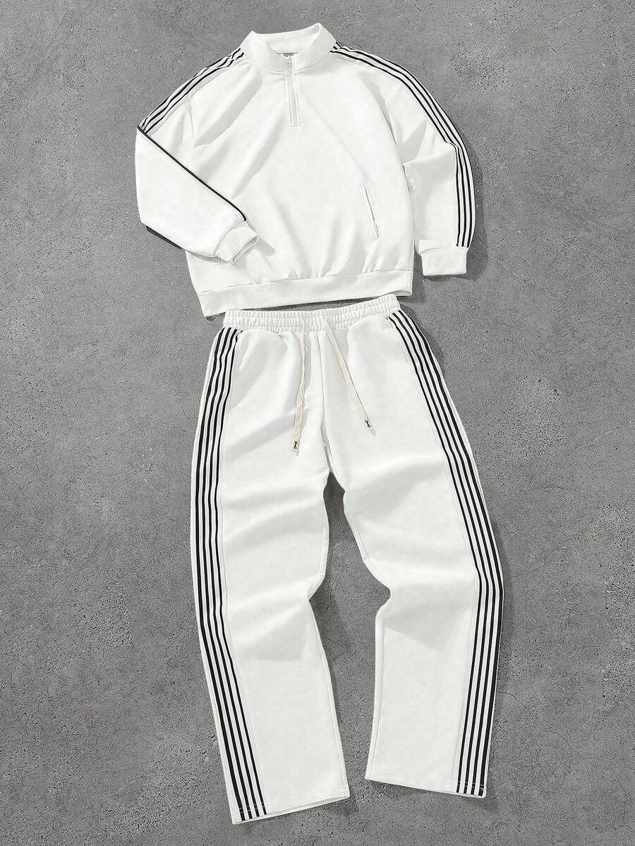Men's Casual Colorblock Striped Polo Shirt And Pants 2pcs Set