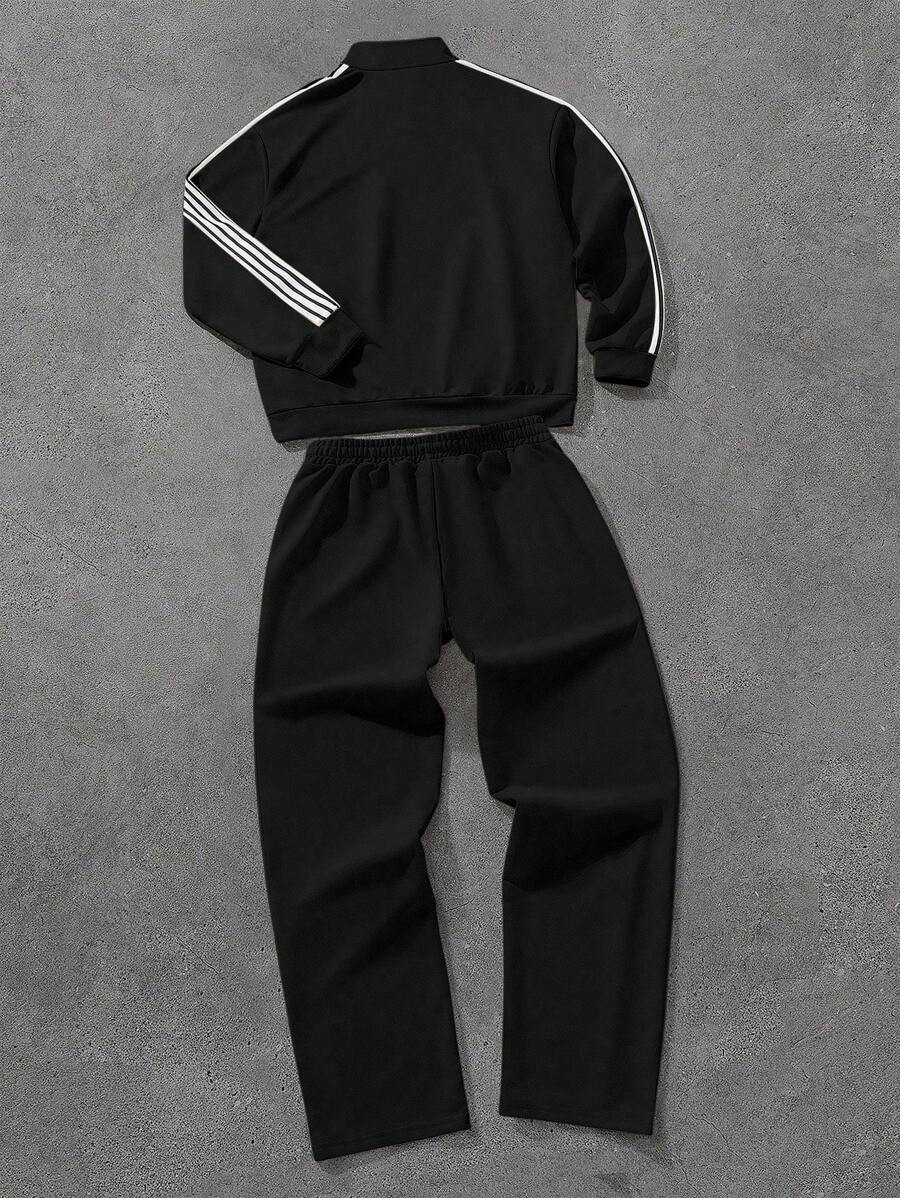 Men's Casual Colorblock Striped Polo Shirt And Pants 2pcs Set