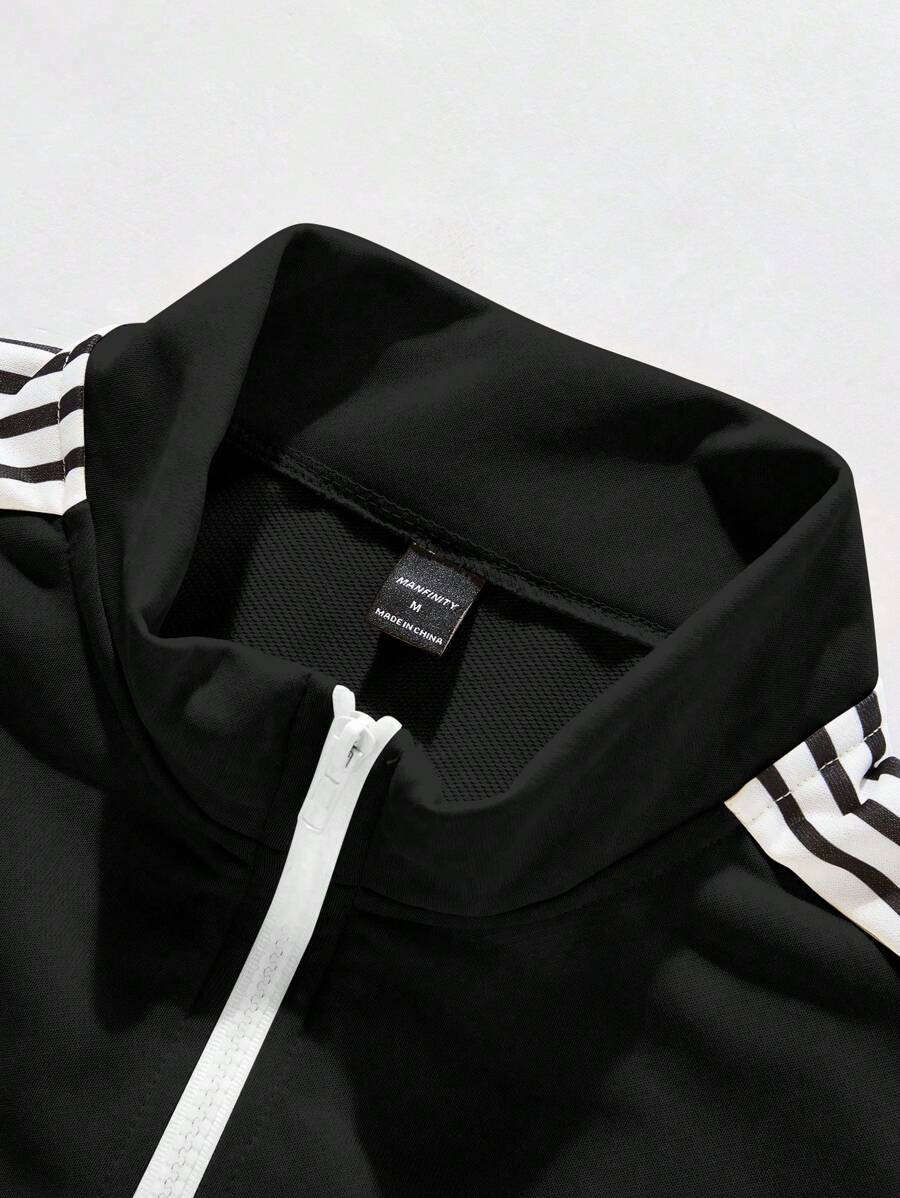 Men's Casual Colorblock Striped Polo Shirt And Pants 2pcs Set