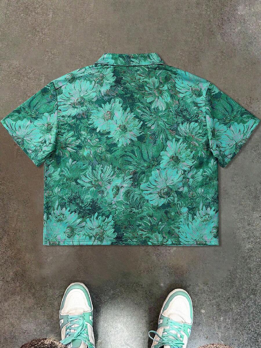 Men's Oil Painting Sunflower Print Pegasus Print Zip-Up Shirt ,