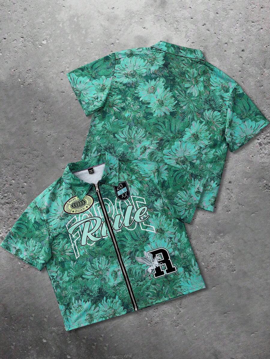 Men's Oil Painting Sunflower Print Pegasus Print Zip-Up Shirt ,
