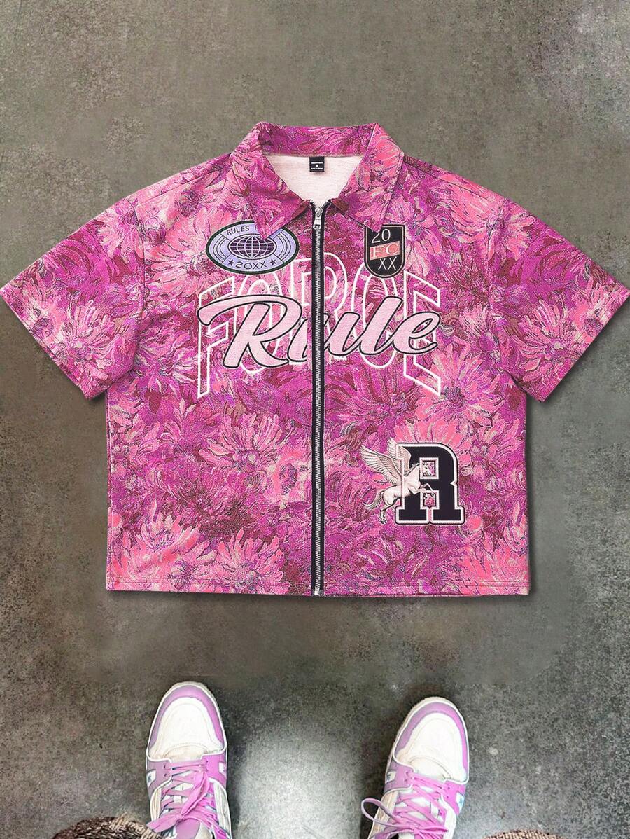 Men's Oil Painting Sunflower Print Pegasus Print Zip-Up Shirt ,