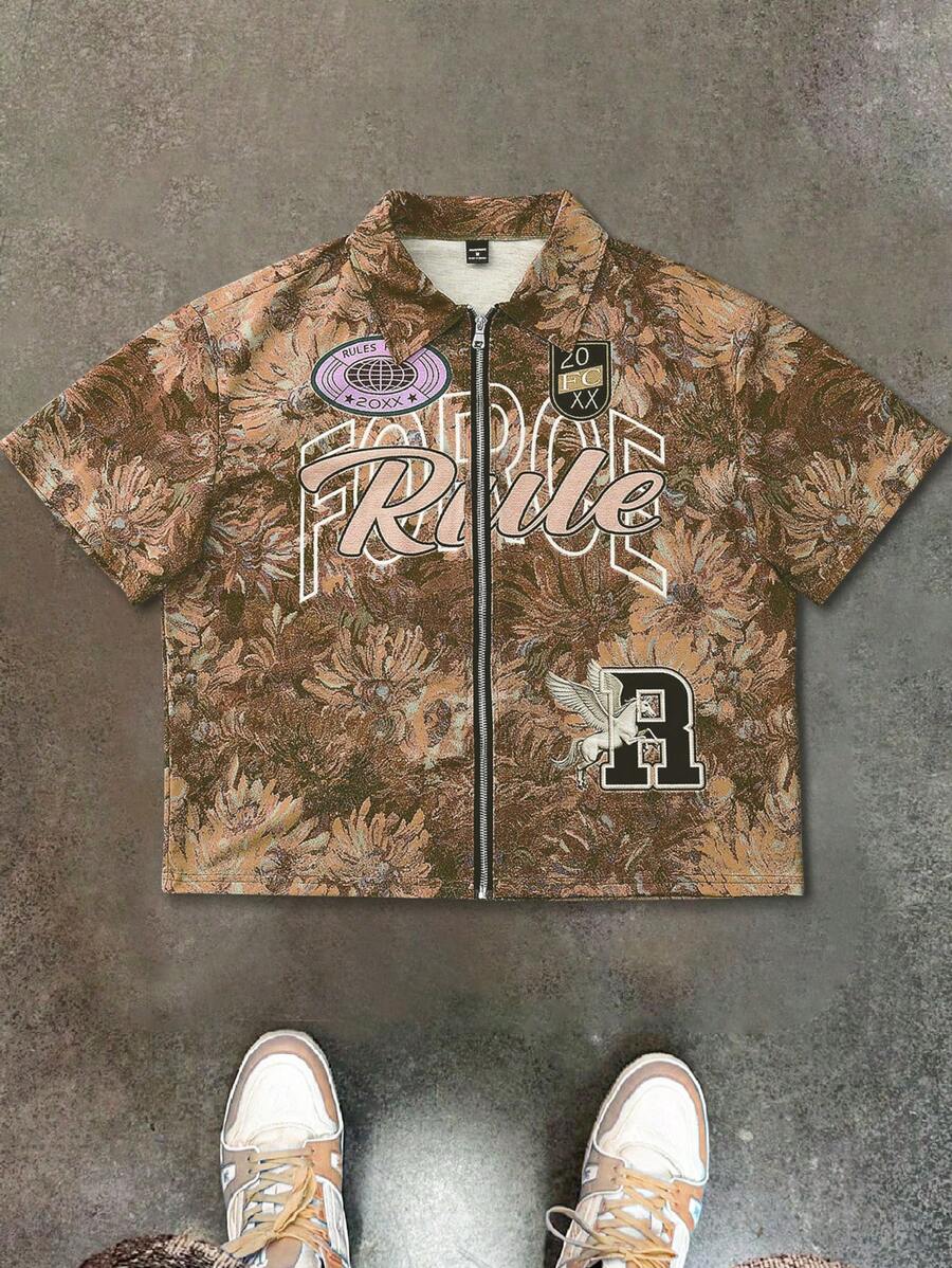 Men's Oil Painting Sunflower Print Pegasus Print Zip-Up Shirt ,