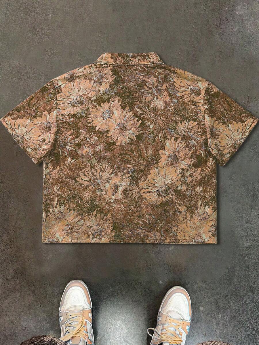 Men's Oil Painting Sunflower Print Pegasus Print Zip-Up Shirt ,