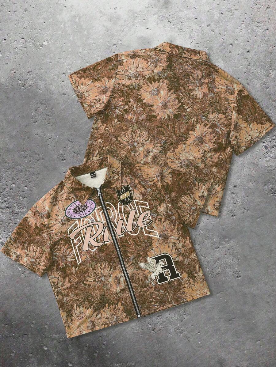 Men's Oil Painting Sunflower Print Pegasus Print Zip-Up Shirt ,