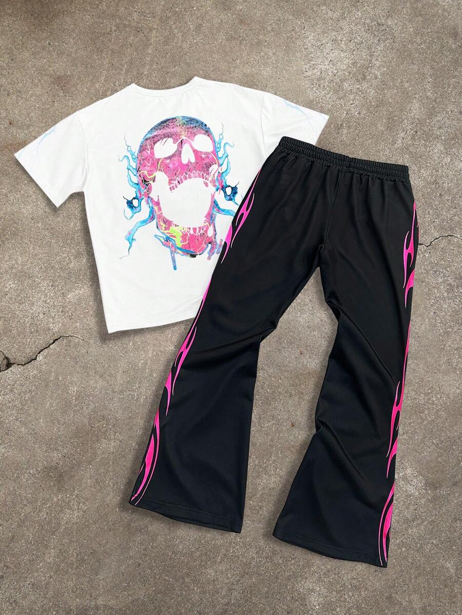 2pcs/Set Men Print Crew Neck Short Sleeve Top And Long Pants Sets