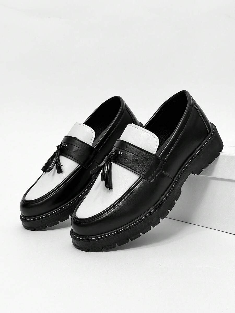 Men's Casual Thick Sole Slip-On Solid Black Leather Loafers