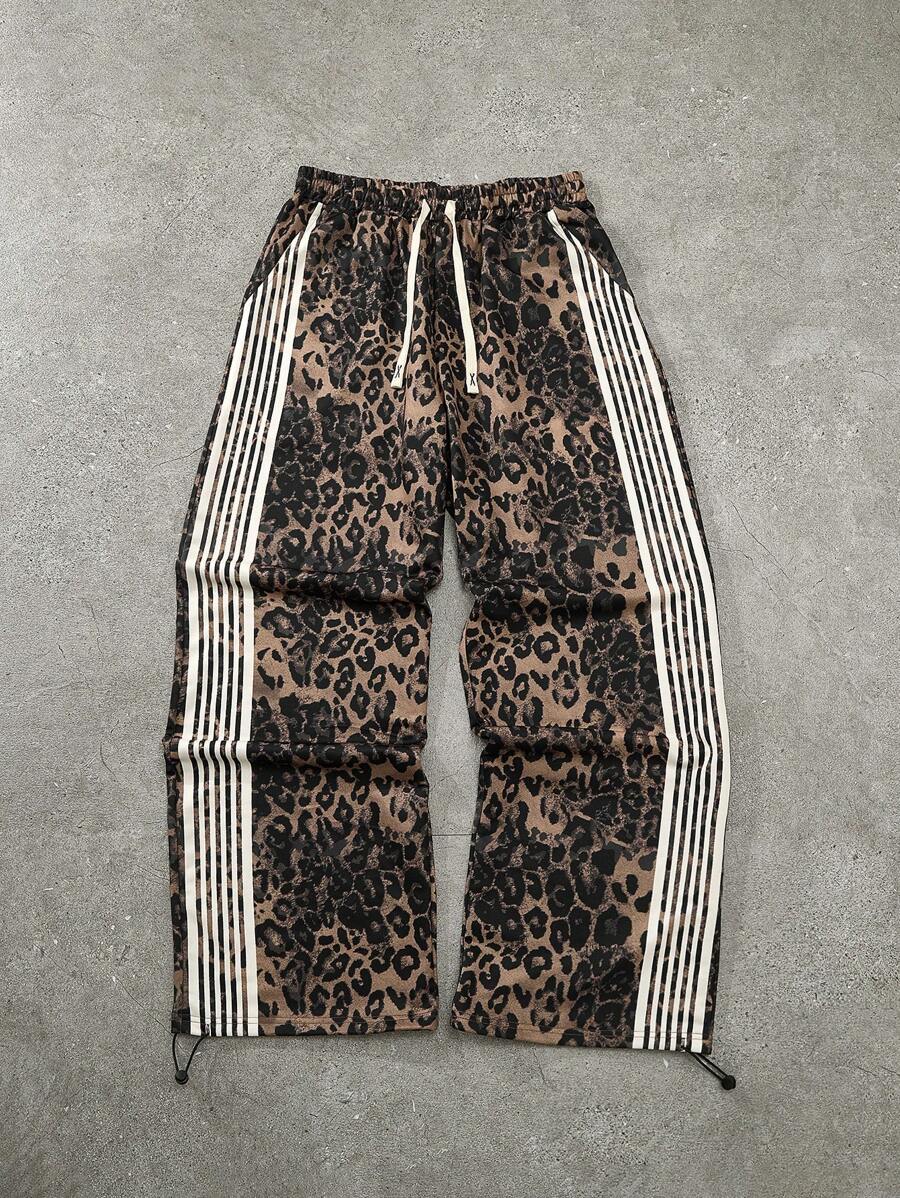 Men's Contrast Stripe & Leopard Print Drawstring Waist Sweatpants