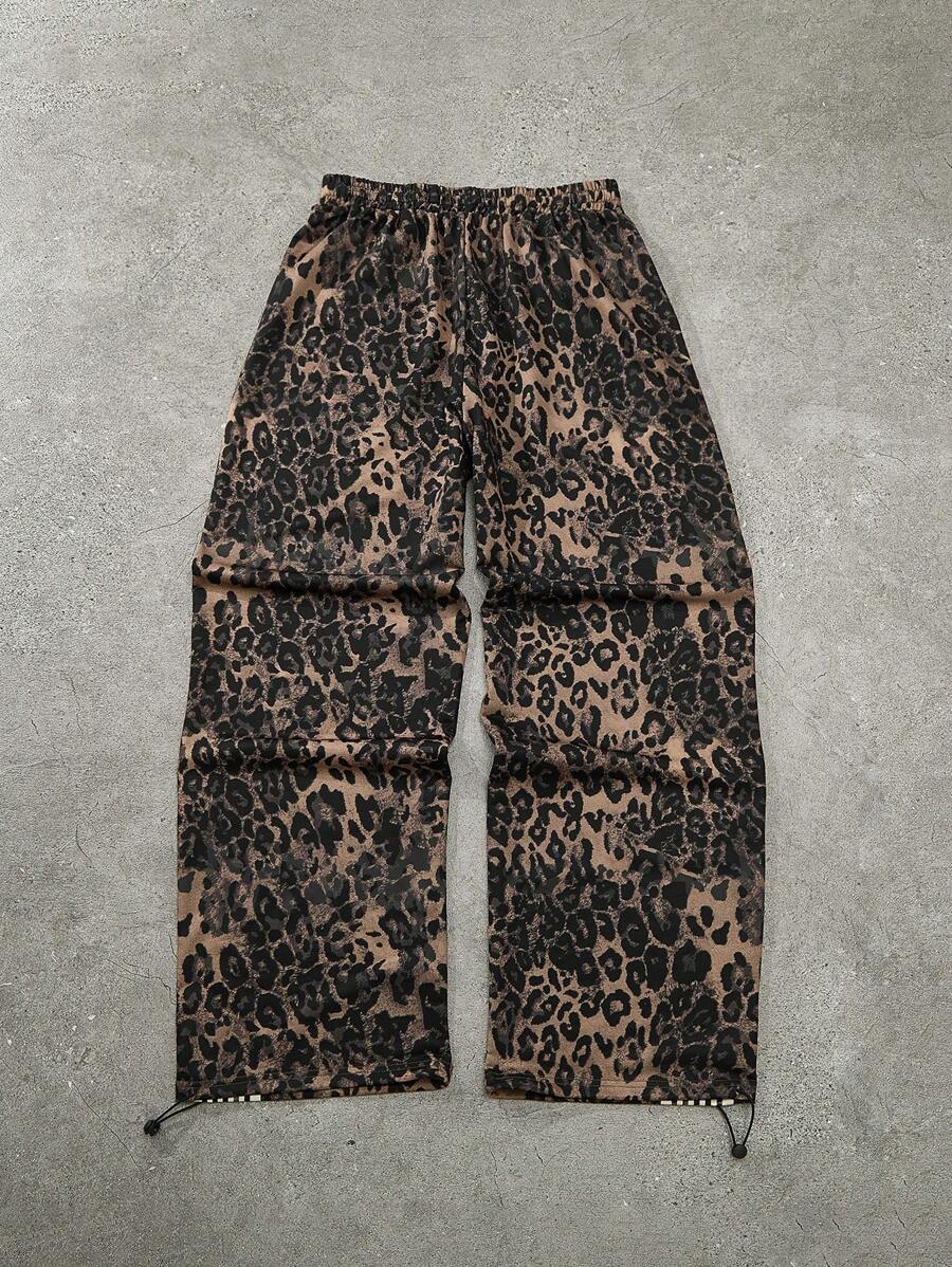 Men's Contrast Stripe & Leopard Print Drawstring Waist Sweatpants