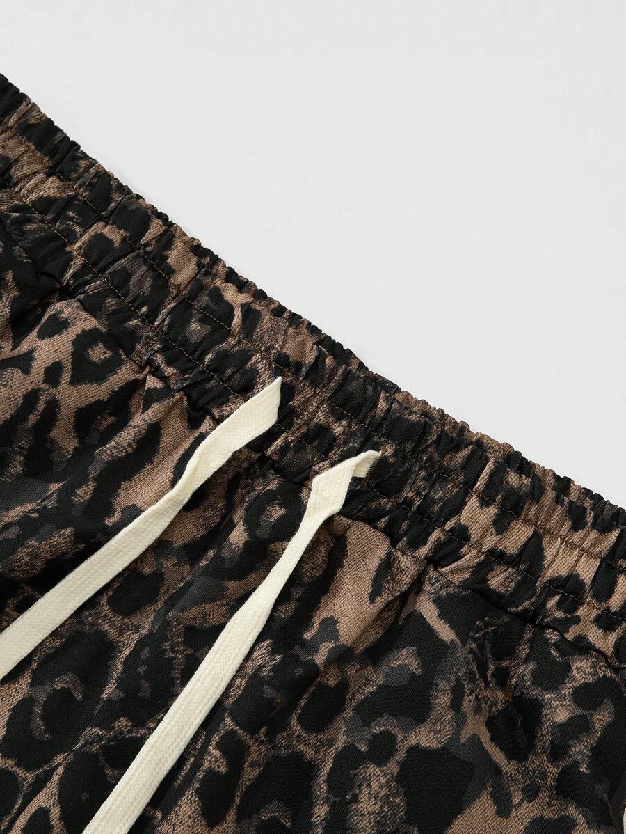 Men's Contrast Stripe & Leopard Print Drawstring Waist Sweatpants