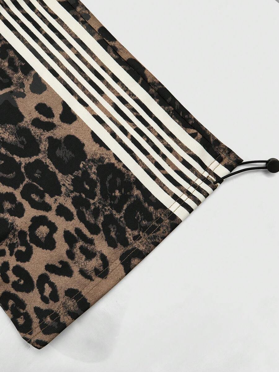 Men's Contrast Stripe & Leopard Print Drawstring Waist Sweatpants