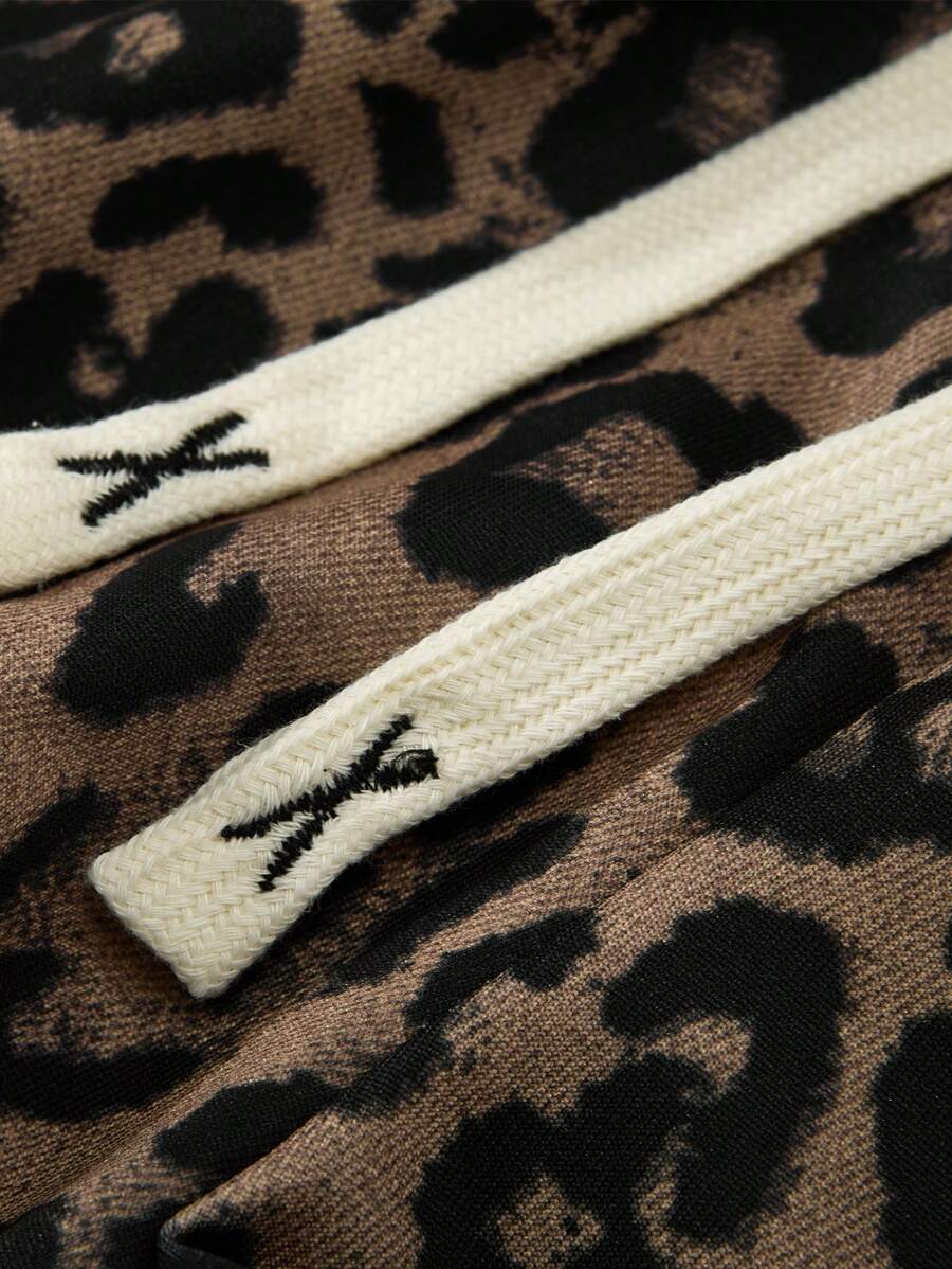 Men's Contrast Stripe & Leopard Print Drawstring Waist Sweatpants
