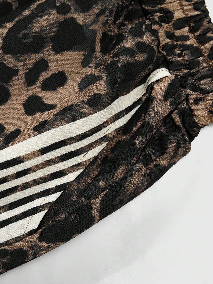 Men's Contrast Stripe & Leopard Print Drawstring Waist Sweatpants