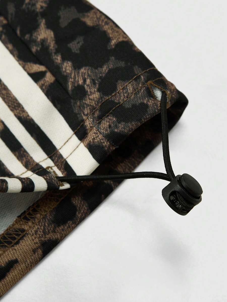Men's Contrast Stripe & Leopard Print Drawstring Waist Sweatpants