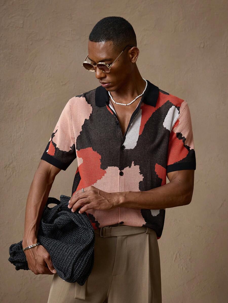 Men's Camouflage Knitted Short Sleeve Elastic Fitted Casual Polo Shirt