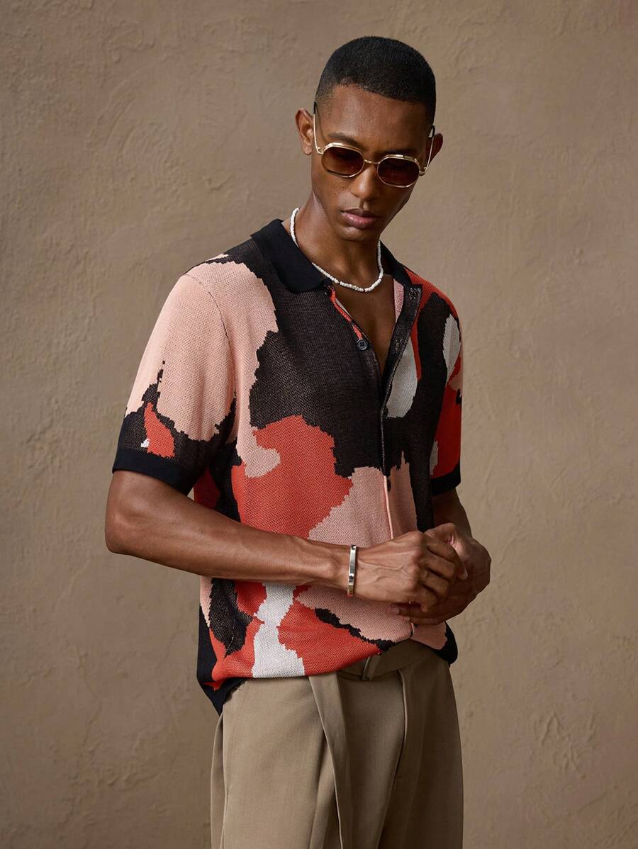 Men's Camouflage Knitted Short Sleeve Elastic Fitted Casual Polo Shirt