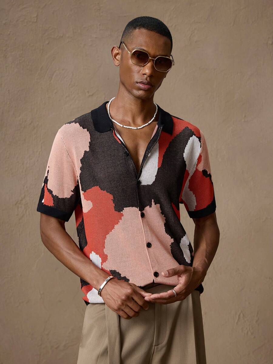 Men's Camouflage Knitted Short Sleeve Elastic Fitted Casual Polo Shirt