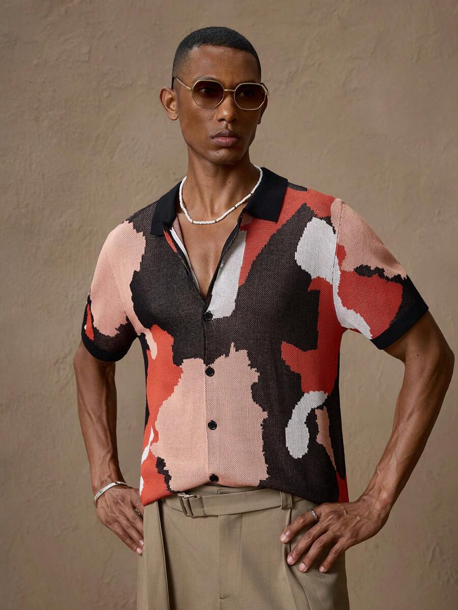 Men's Camouflage Knitted Short Sleeve Elastic Fitted Casual Polo Shirt