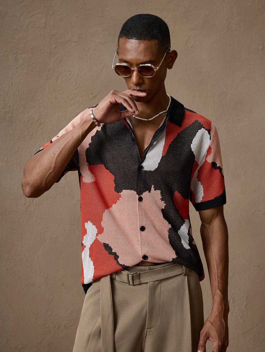 Men's Camouflage Knitted Short Sleeve Elastic Fitted Casual Polo Shirt
