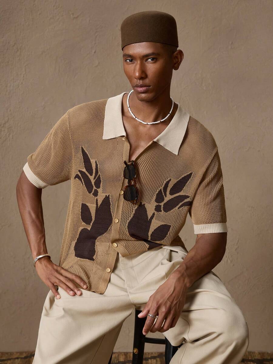 Men's Crochet Brown Floral Knit Casual Loose Fit Short Sleeve Knitted Shirt