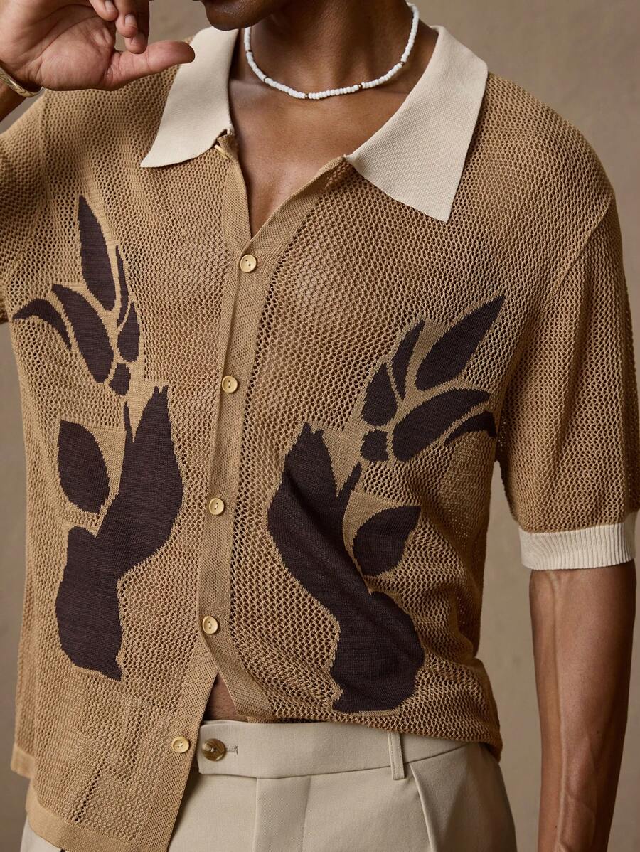 Men's Crochet Brown Floral Knit Casual Loose Fit Short Sleeve Knitted Shirt