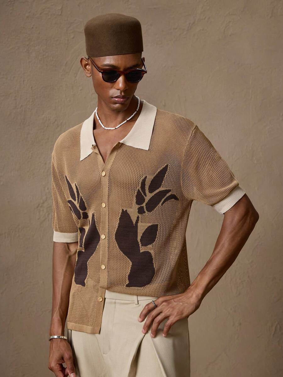 Men's Crochet Brown Floral Knit Casual Loose Fit Short Sleeve Knitted Shirt