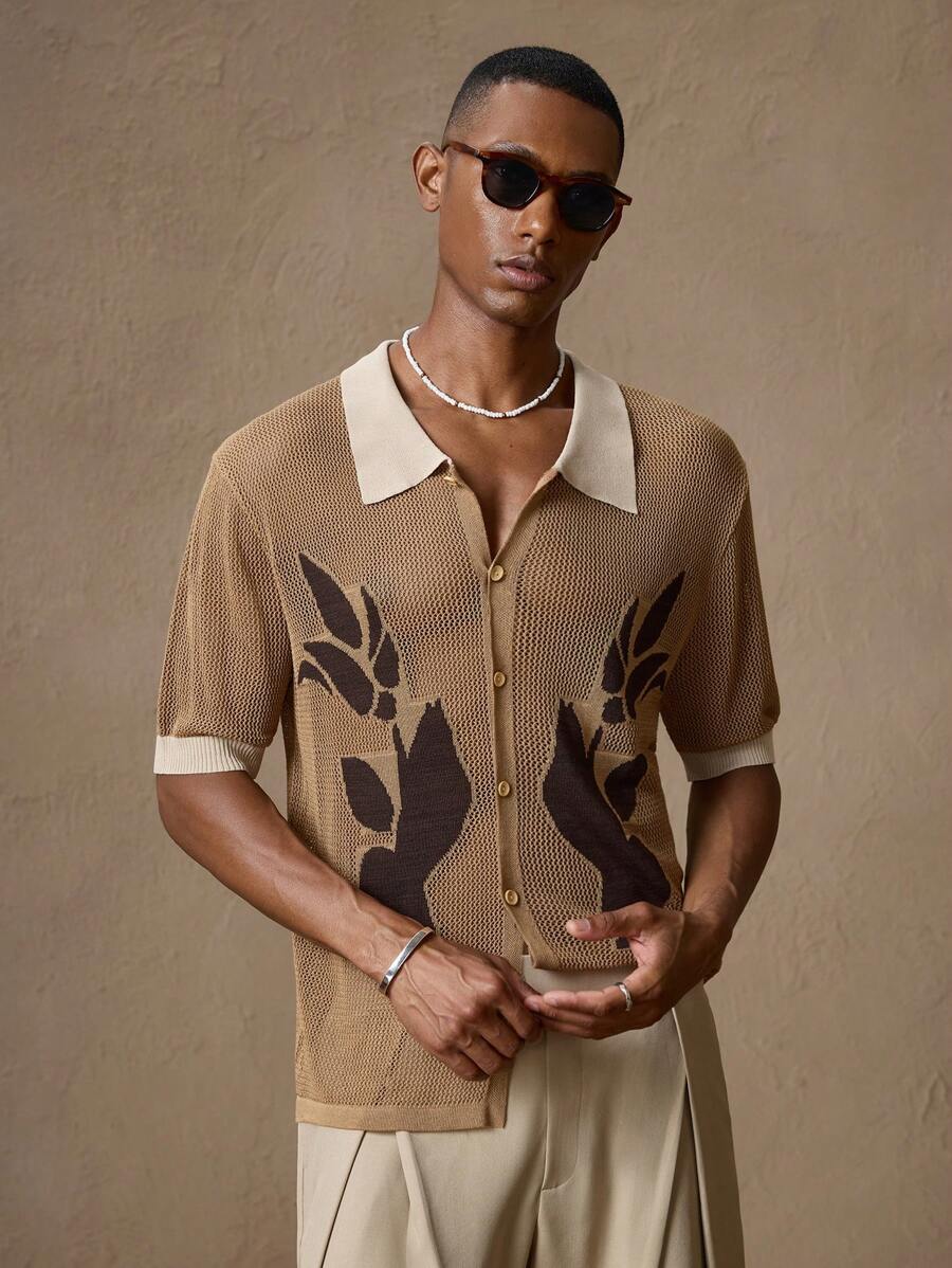 Men's Crochet Brown Floral Knit Casual Loose Fit Short Sleeve Knitted Shirt