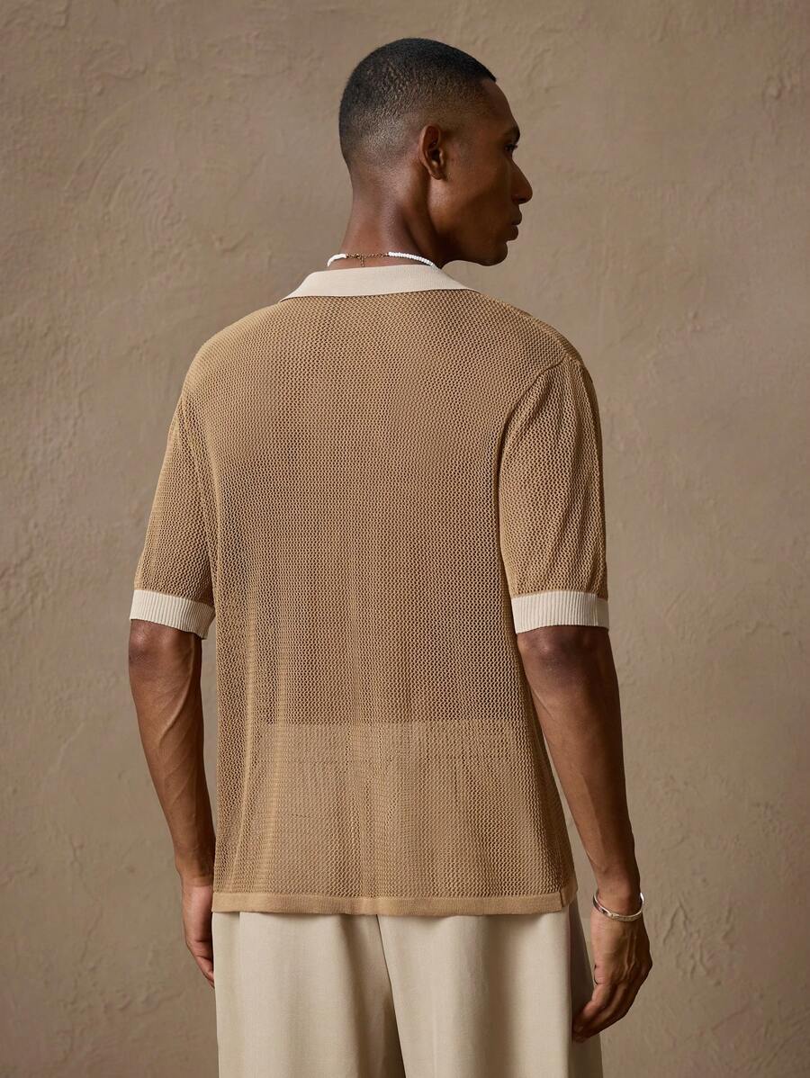 Men's Crochet Brown Floral Knit Casual Loose Fit Short Sleeve Knitted Shirt
