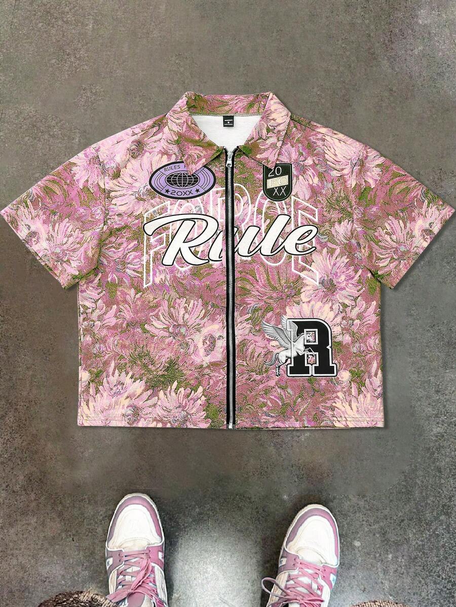 Men's Oil Painting Sunflower Print Pegasus Print Zip-Up Shirt ,