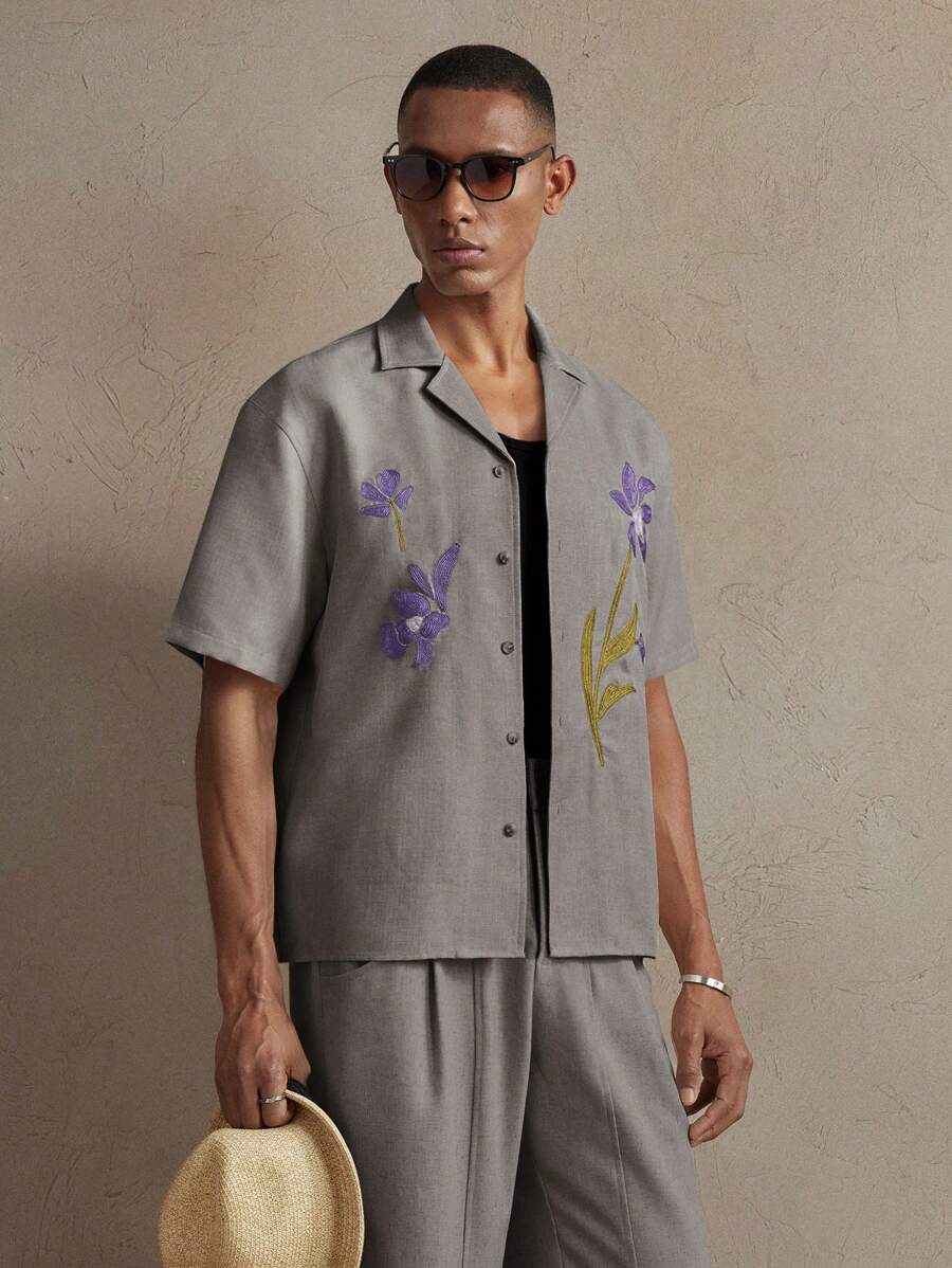 Business Casual Woven Floral Embroidered Drop Shoulder Shirt