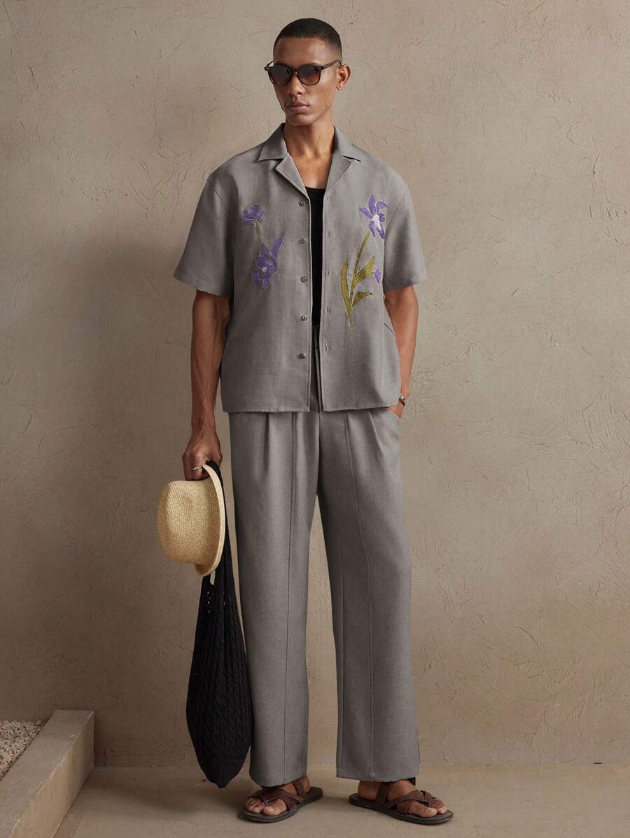 Business Casual Woven Floral Embroidered Drop Shoulder Shirt