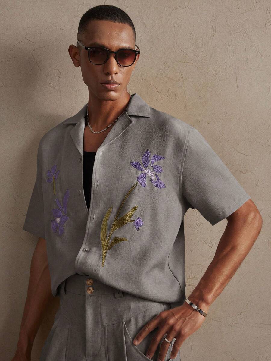 Business Casual Woven Floral Embroidered Drop Shoulder Shirt