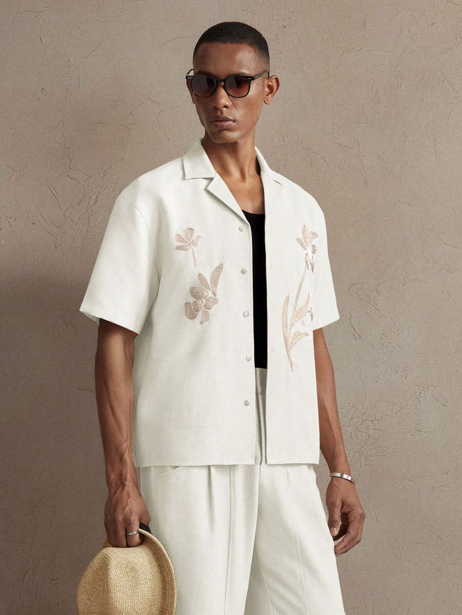 Business Casual Woven Floral Embroidered Drop Shoulder Shirt